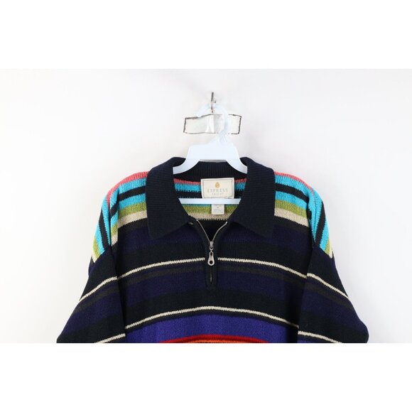 Vintage 90s Express Womens Medium Rainbow Striped Marled Knit Collared Sweater - Picture 2 of 11